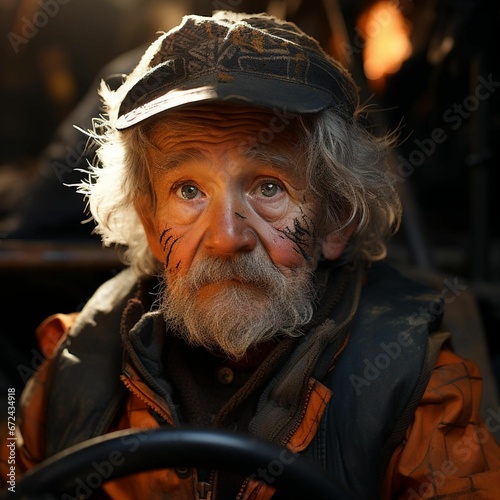 an elderly man sitting in the driver's seat of a car photo