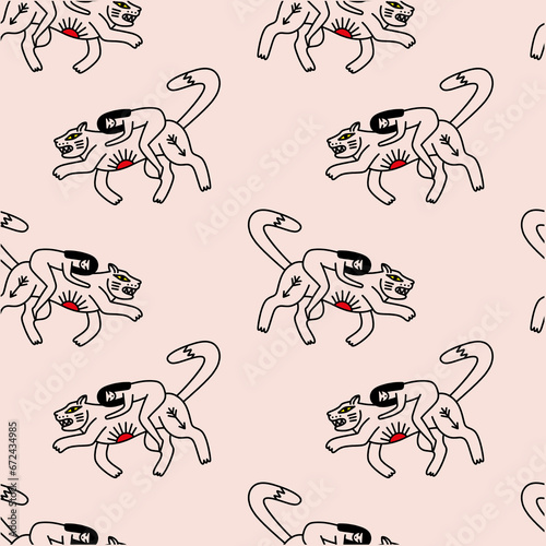 Cool woman riding a wild cat, girl and panther. Love, freedom, feminist concept illustration seamless pattern vector clipart, repeating image pattern pink background.