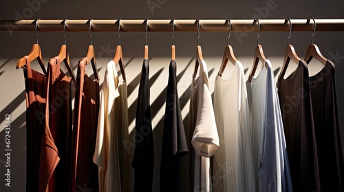 neatly folded stylish clothes and trousers hanging on hangers in the closet, with a balance of light and shadow.