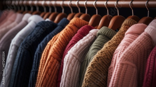 the texture of coats and sweaters hanging on a hanger, they are well lit to highlight the tactile qualities of the fabric.