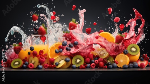  a bunch of fruit is splashing out of a glass of oranges, raspberries, and kiwis.  generative ai