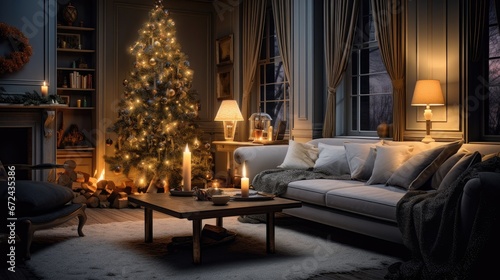festive atmosphere in the house, gray velor sofa, artificial fireplace and Christmas tree decorations,