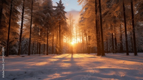 the light of the sun on a winter landscape that makes snow-covered trees and fire the focal points. © Sofia