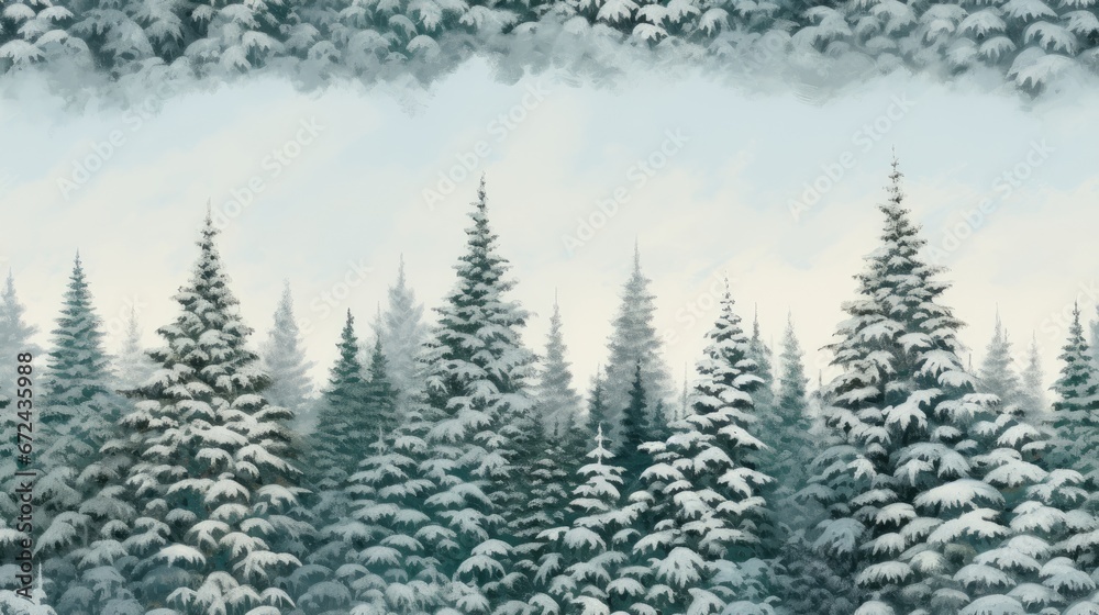  a painting of a snowy forest with evergreens and pine trees in the foreground and clouds in the background.  generative ai