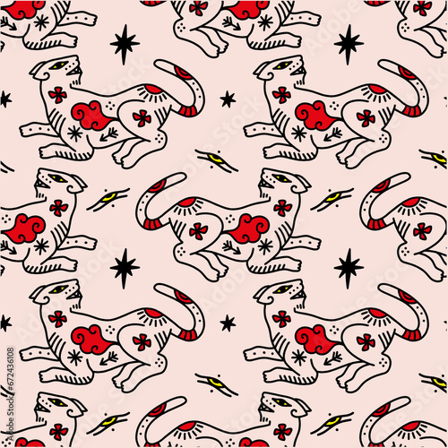 Tattooed groovy funny asian cat Japanese doodles seamless pattern background. Beautiful wild cats texture, repeated contour animals. Ornament, cloth print or wrapping paper.