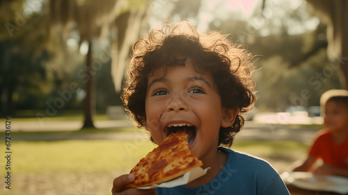 Boy eating pizza in the park 