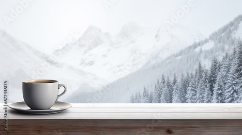  a cup of coffee sitting on top of a wooden table next to a window with a snowy mountain in the background. generative ai