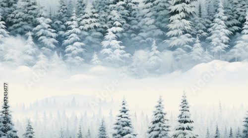  a painting of a snow covered forest with pine trees in the foreground and a foggy sky in the background. generative ai