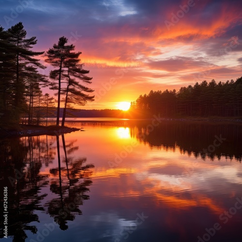 Dawn's Tranquil Reflection: Sunset Silhouette over Calm Lake