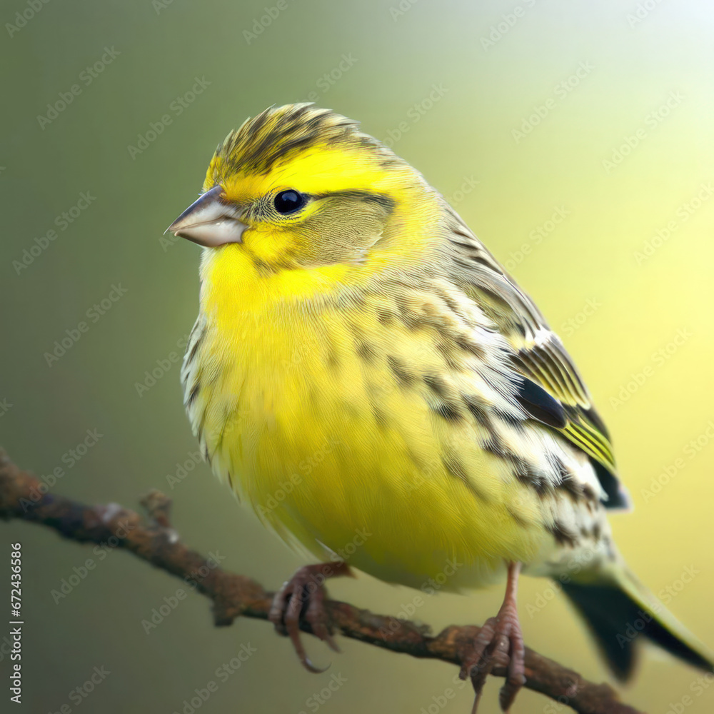 Obraz premium The Atlantic canary (Serinus canaria) is a small, songbird with a yellow-orange body and black wing patches.