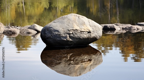  a rock sitting on top of a body of water next to a body of water with trees in the background.  generative ai