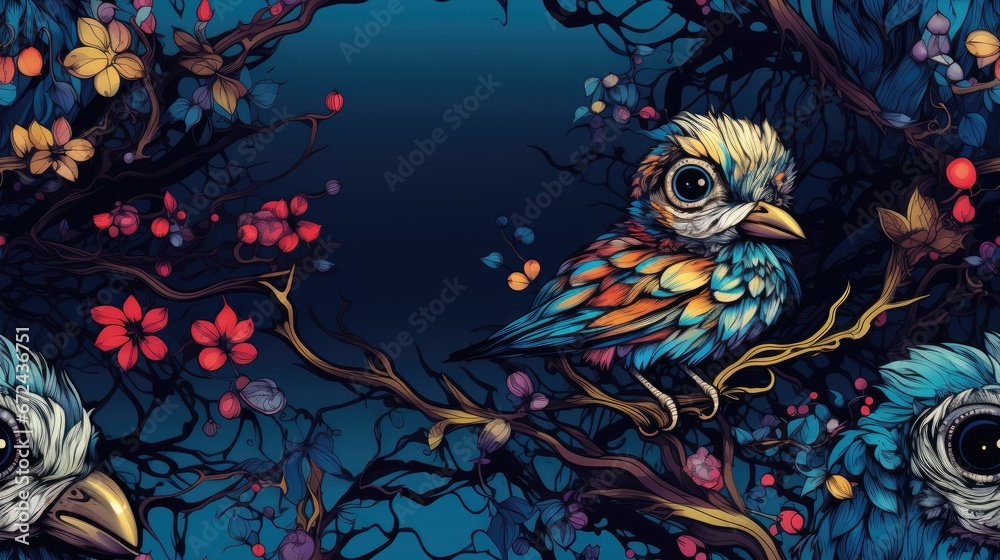 a painting of two owls sitting on a tree branch with red and yellow flowers in the foreground and a blue background. generative ai a painting of two owls sitting on a tree branch with red and yellow flowers in the foreground and a blue background. generative ai