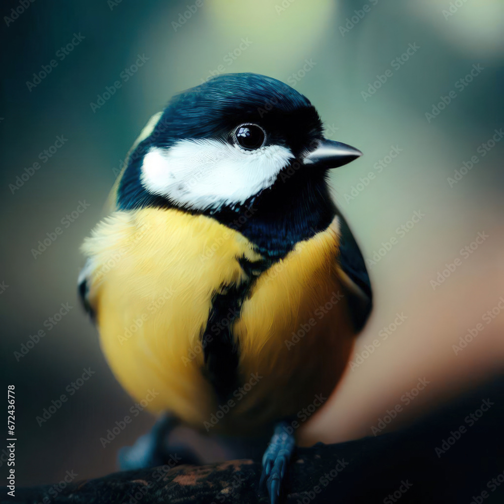 Fototapeta premium The tit (Parus spp.) is a small bird with a short, thick bill and short legs. The body is about 12 cm long and the wingspan is about 20 cm. The plumage is mainly green, with a blue tinge on the head a