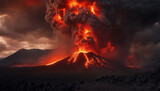 massive volcanic eruption fills the sky with ash and lava, destroying the barren landscape below and creating an intense and foreboding scene of chaos and destruction..