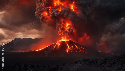 massive volcanic eruption fills the sky with ash and lava, destroying the barren landscape below and creating an intense and foreboding scene of chaos and destruction.. © thisisforyou