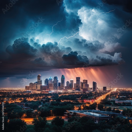 Dynamic Urban Landscape: Skyline Illuminated at Dusk with City Lights and Clouds