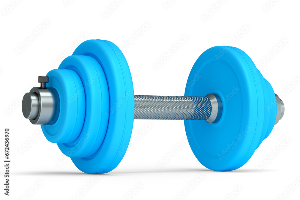 Metal dumbbell with blue disks isolated on white background Metal dumbbell with blue disks isolated on white background