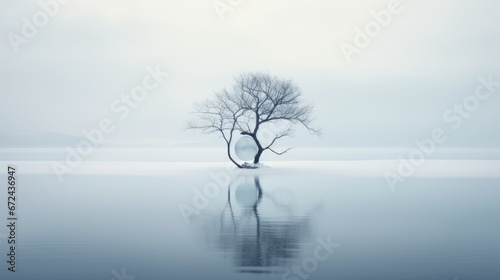  a lone tree sitting in the middle of a lake in the middle of a foggy, foggy day.  generative ai © Olga