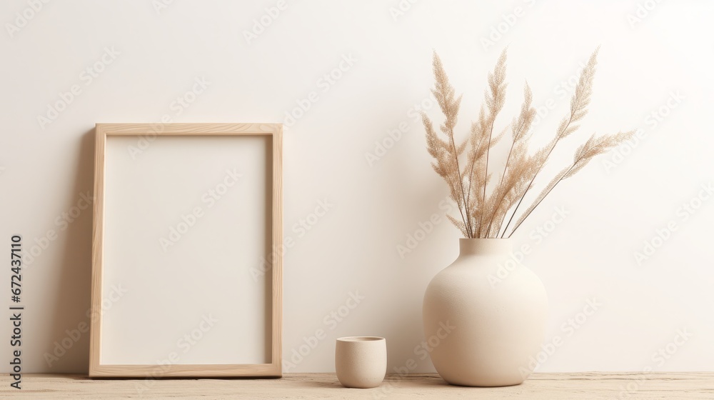 realistic, clean, photo of a frame, bowl, plant, vase, and a basket, in the style of white and beige, copy space, concept: product placement, 16:9