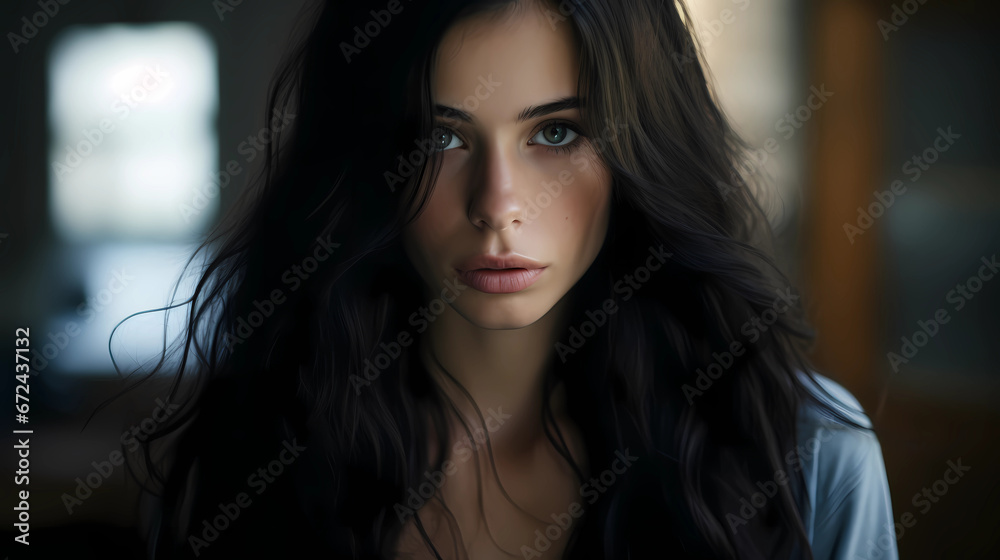 Intense Gaze: Portrait of a Brunette with Striking Blue Eyes Intense Gaze: Portrait of a Brunette with Striking Blue Eyes