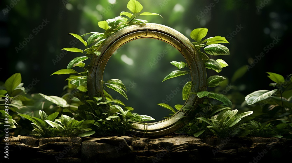 A circular metal object surrounded by green leaves A circular metal object surrounded by green leaves