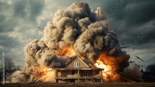 blown up photo of a luxury house, concept: rising interest rates, copy space