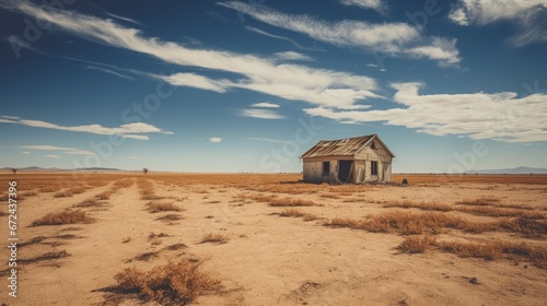 House surrounded by a dry plot, concept: climate change, copy space, 16:9