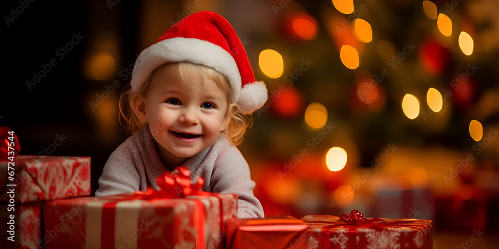 Cute smiling little girl with a red Christmas hat with presents, blurred background with lights 