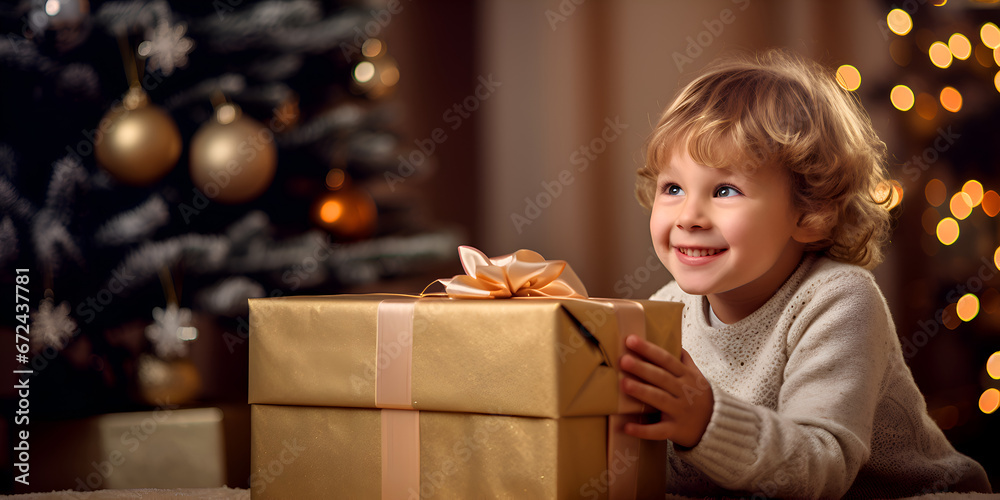 Portrait of a cute little caucasian boy opening his Christmas presents, blurred background with lights Portrait of a cute little caucasian boy opening his Christmas presents, blurred background with lights