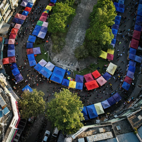 Wall Mural Shot of an outdoor street market bustling with activity, featuring multiple umbr