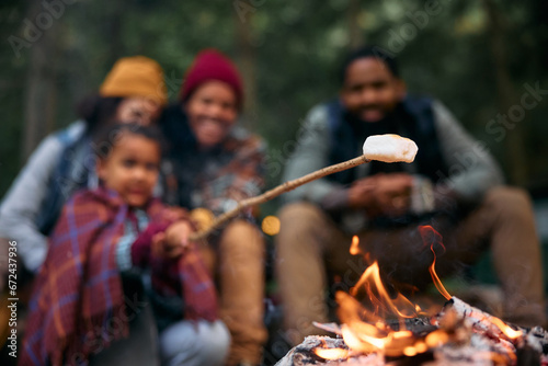 Close up of roasting marshmallows over campfire.