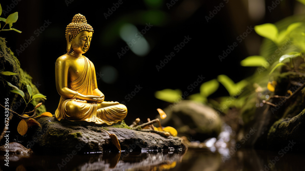 Golden Buddha statue under tree branch outdoors