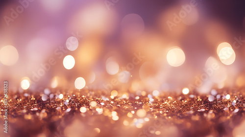 An abstract background with soft lavender and rose gold particles. Glowing sunrise light shine particles bokeh on a dusky pink background. Gold foil texture created with AI technology