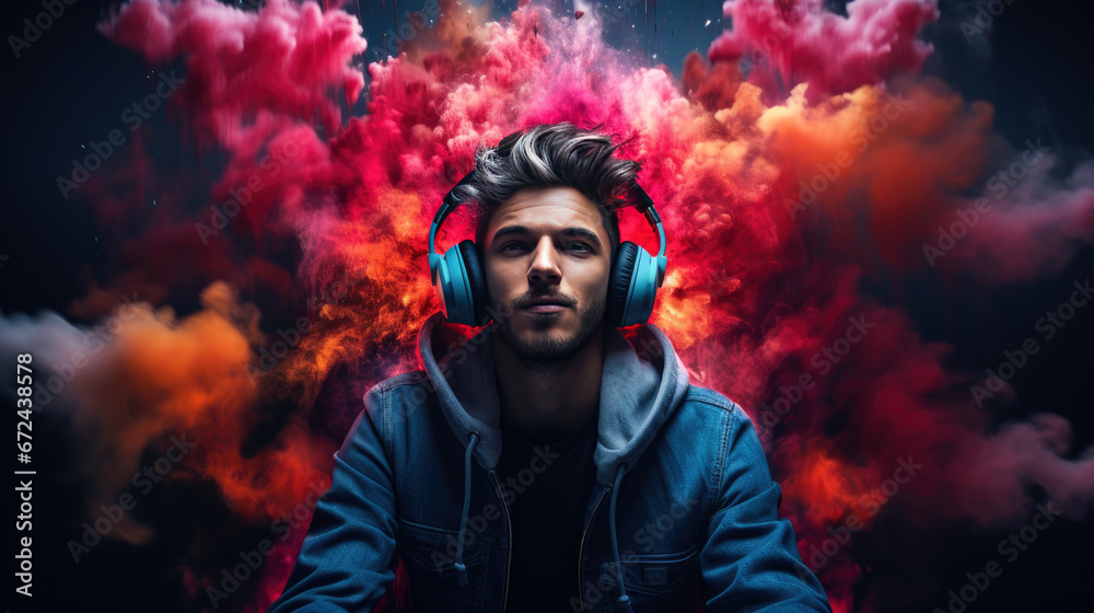 Young man bursting open with ideas, creativity, and headphones Young man bursting open with ideas, creativity, and headphones