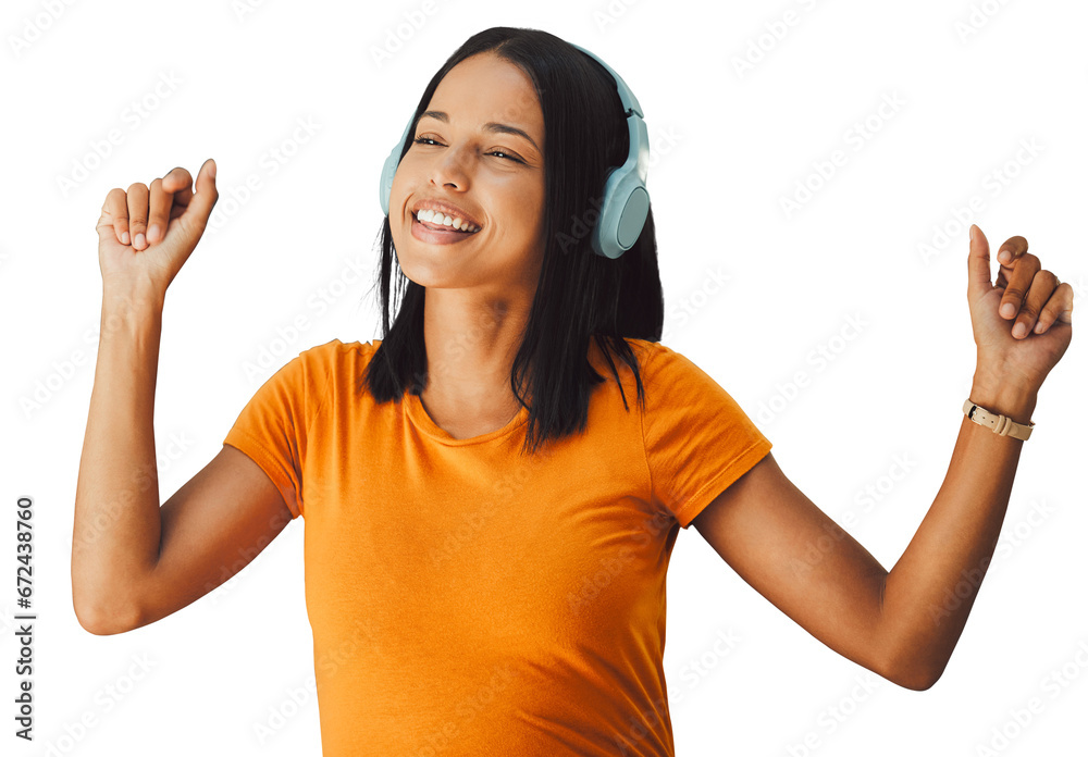 Happy woman, headphones and dance listening to music isolated on a ...