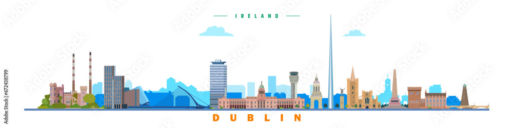 Naklejka premium Dublin city landmarks vector illustration on white background, Ireland
