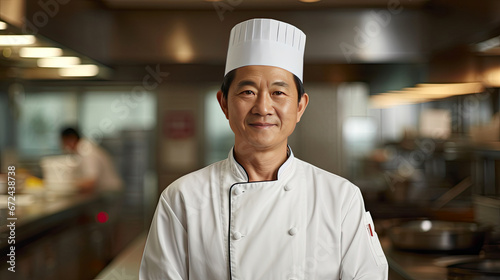 Asia male chef wearing chef s uniform on kitchen background