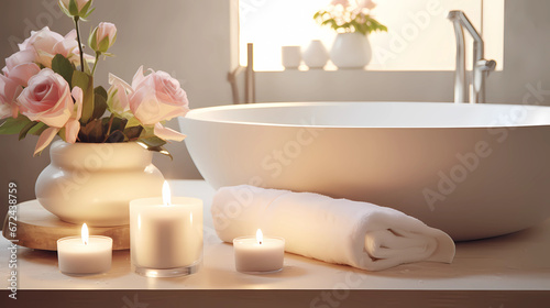 Elegance and Romance: Modern White Bathroom with Vessel Sink and Candles