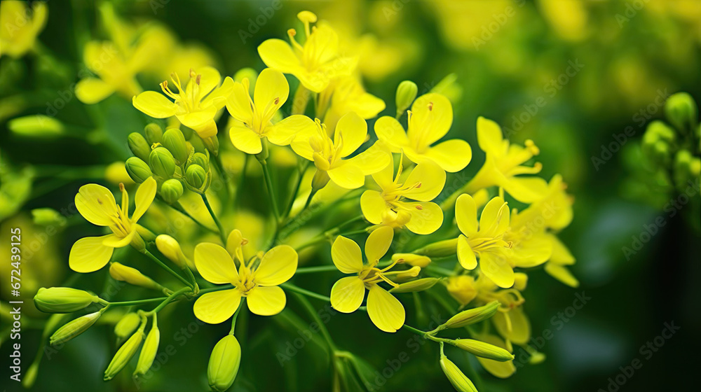 a close up of a bunch of yellow flowers in a field with green leaves in the foreground and a blurry background of yellow flowers in the foreground. generative ai a close up of a bunch of yellow flowers in a field with green leaves in the foreground and a blurry background of yellow flowers in the foreground. generative ai
