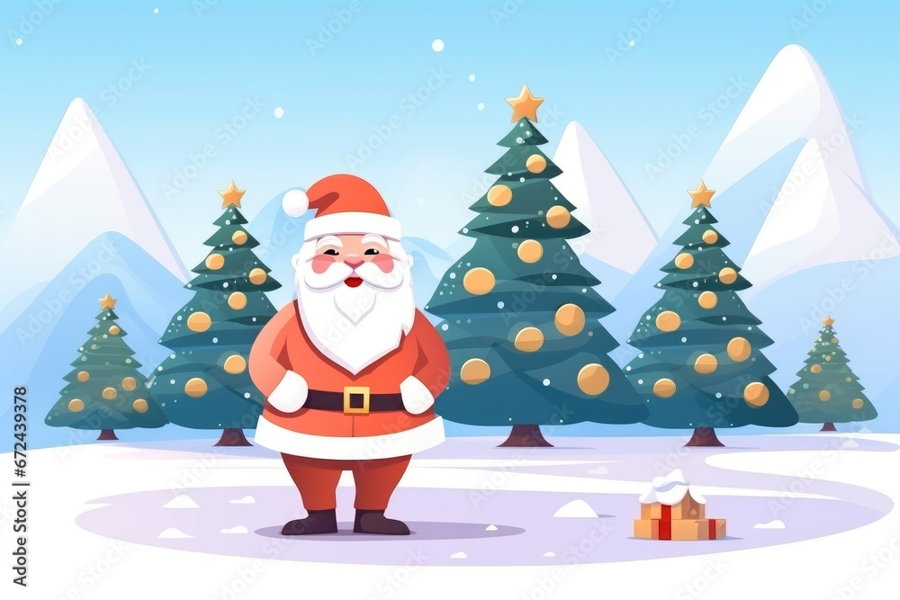 Happy smiling Santa Claus near decorated fir trees and snowy mountains in the background. Merry Christmas and Happy New Year