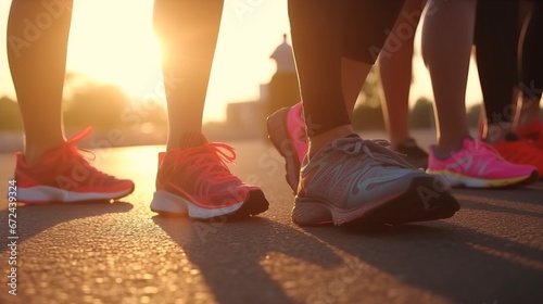 Close-up of feet of people in sneakers, standing on asphalt, in sunset light