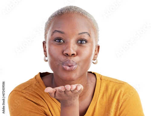 Portrait, woman and blow kiss for love, care and romantic flirting isolated on transparent png background. Face of african model kissing air with hands for emoji, reaction and date on valentines day photo