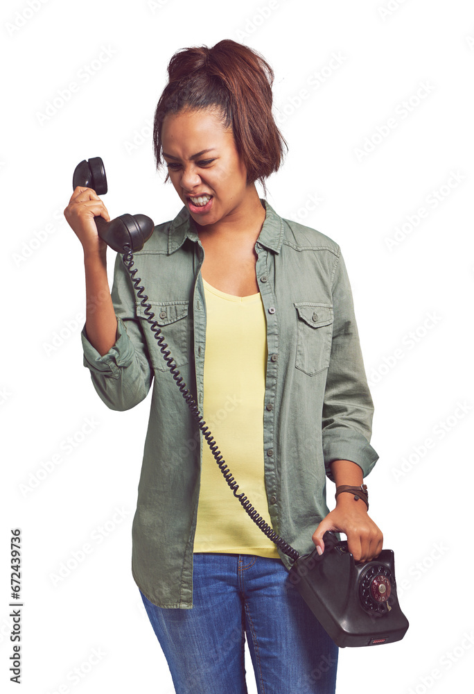 Phone call, conflict and angry woman with telephone on isolated, transparent or png background. Stress, anxiety and female model frustrated by phishing, connection or communication delay or glitch Phone call, conflict and angry woman with telephone on isolated, transparent or png background. Stress, anxiety and female model frustrated by phishing, connection or communication delay or glitch