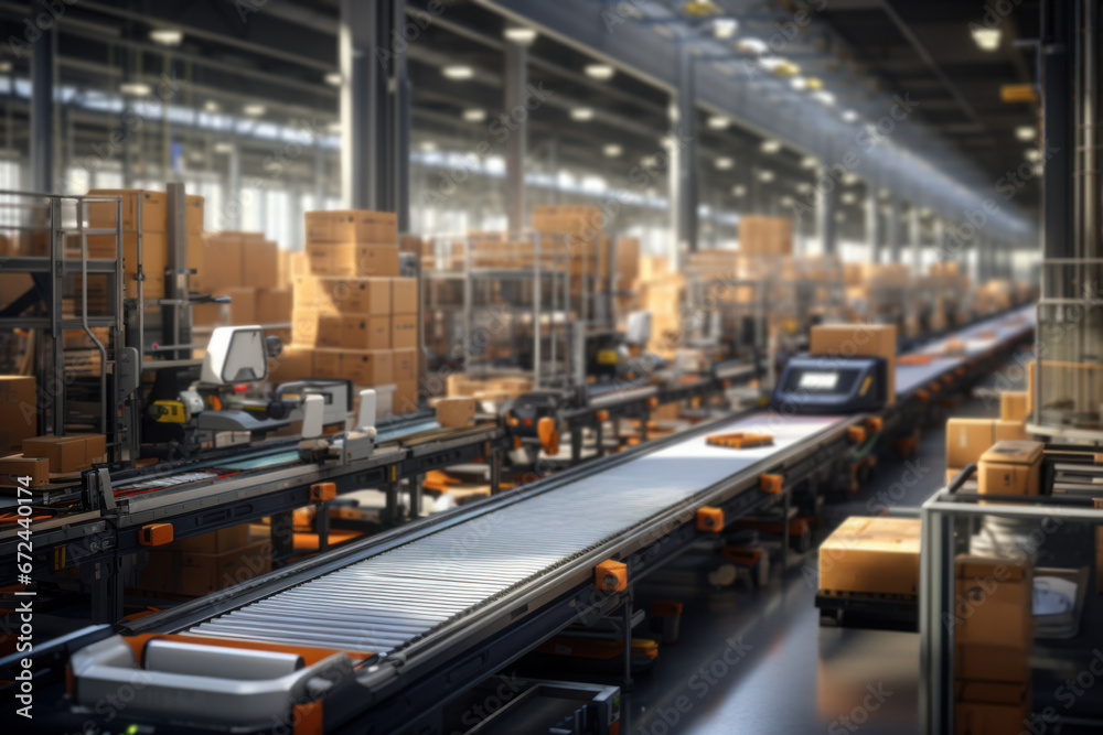A bustling logistics center with automated conveyor belts and robotic systems, emphasizing the Concept of supply chain infrastructure. Generative Ai. A bustling logistics center with automated conveyor belts and robotic systems, emphasizing the Concept of supply chain infrastructure. Generative Ai.