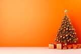 Modern Christmas tree with gifts boxes, presents and balls on a orange background. 3d New year concept for greeting card