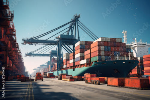 A cargo ship docked at a bustling seaport with shipping containers being unloaded, portraying the Concept of maritime infrastructure. Generative Ai.