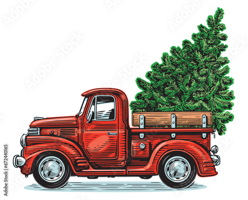 Green fir tree on red retro pickup truck. Merry Christmas and Happy New Year. Vector illustration isolated