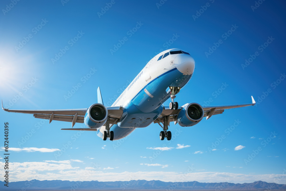 Obraz premium A commercial airplane taking off against a clear blue sky, capturing the Concept of international air travel. Generative Ai.
