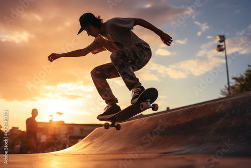 A close-up of a skateboarder performing tricks at a skate park, portraying the Concept of alternative transportation and urban sports. Generative Ai. © Sebastian