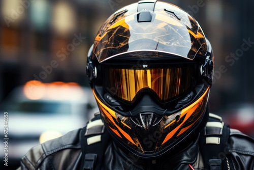 A motorcyclist wearing a helmet and protective gear, emphasizing the Concept of road safety for two-wheelers. Generative Ai. © Sebastian